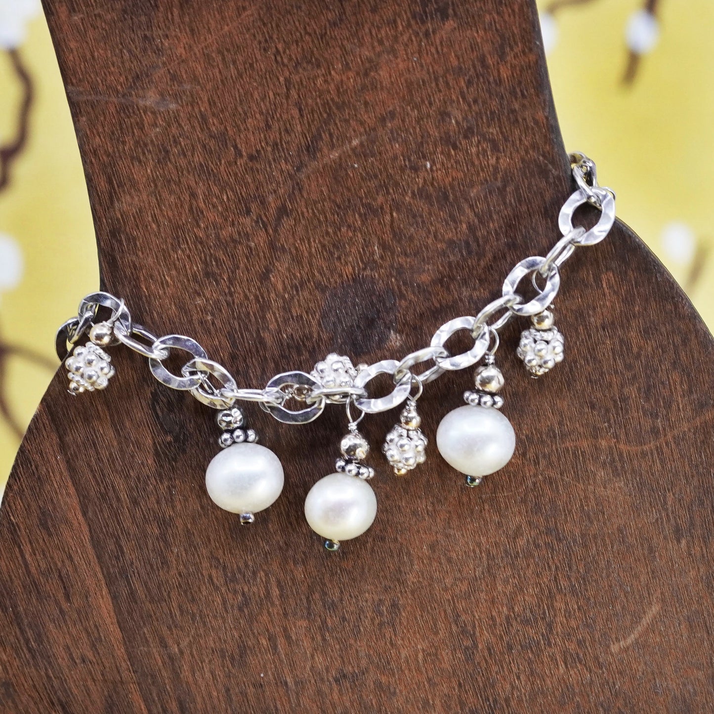 7.25”, Sterling silver bracelet, 925 flatten oval link chain with pearl beads