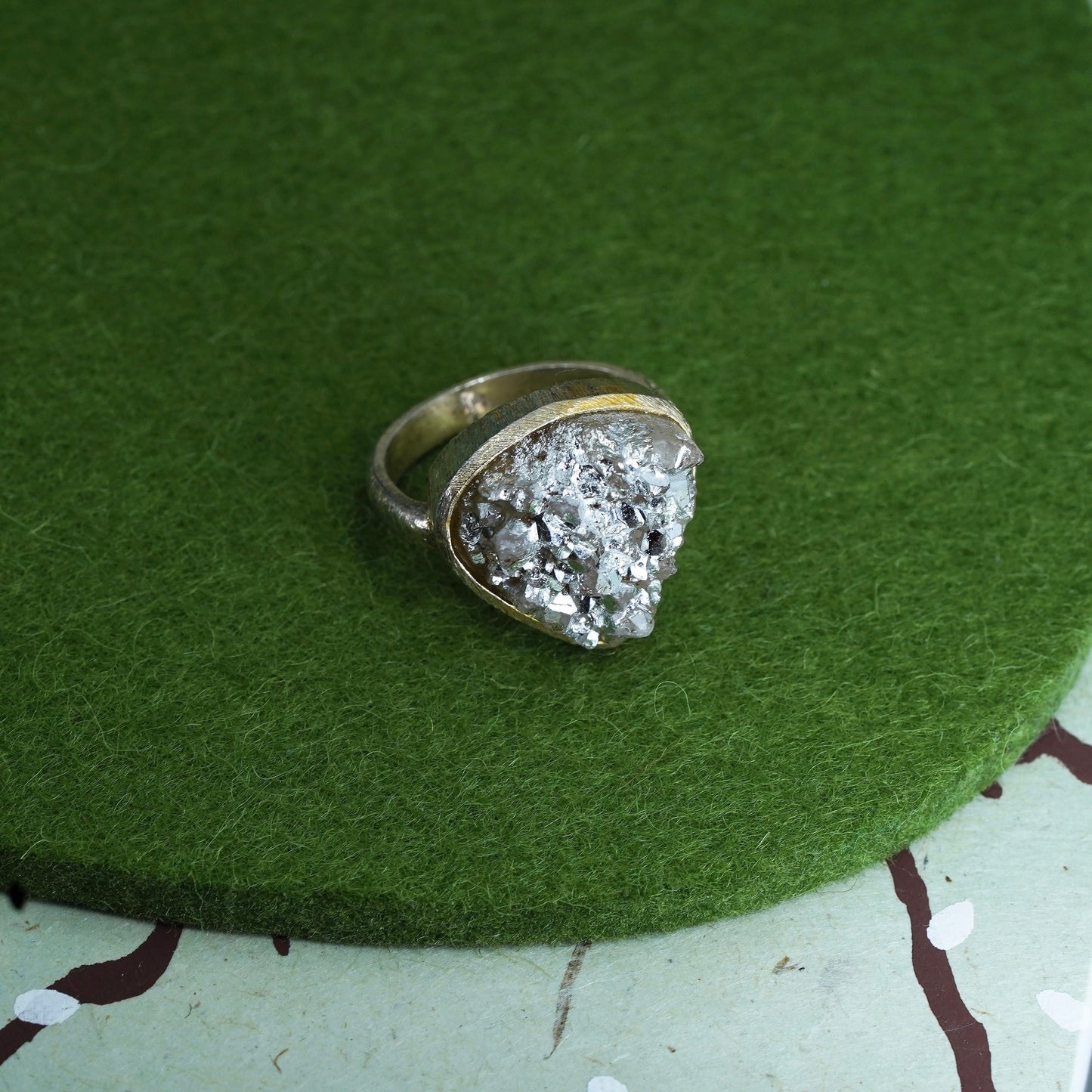 Size 7 vermeil gold over Sterling 925 silver teardrop ring metallic druzy stone