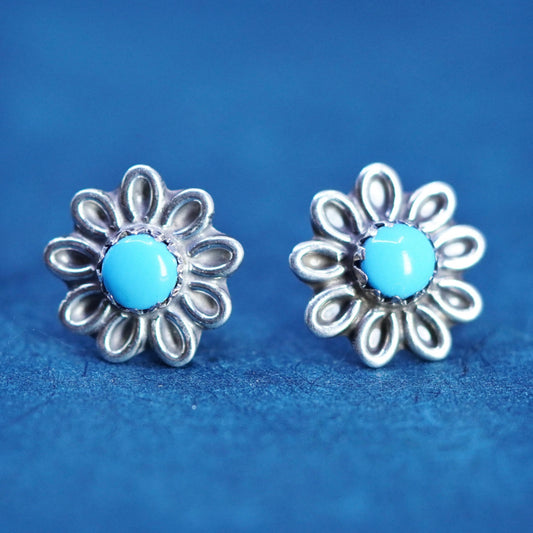 southwestern Sterling silver handmade earrings, 925 flower studs with turquoise