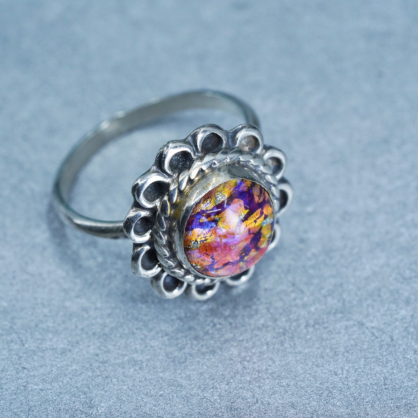 Size 5.5, mexico Sterling 925 silver handmade cocktail ring orange foiled glass