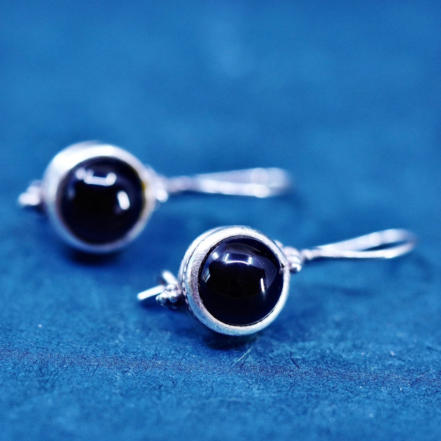 Vintage sterling 925 silver handmade earrings with round obsidian