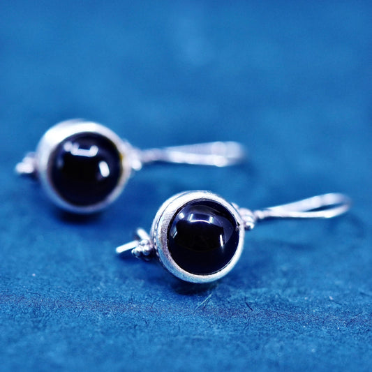 Vintage sterling 925 silver handmade earrings with round obsidian