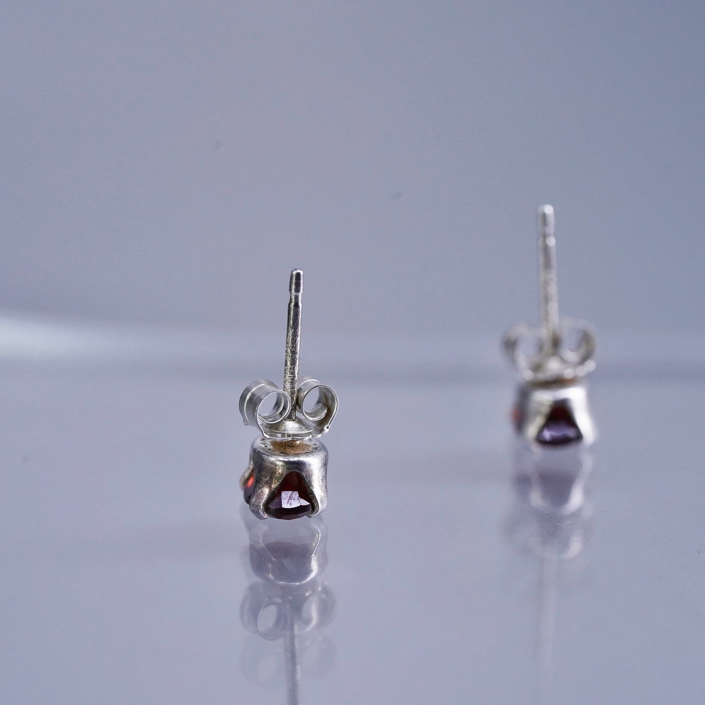 Vintage Sterling 925 silver handmade earrings, oval studs with ruby