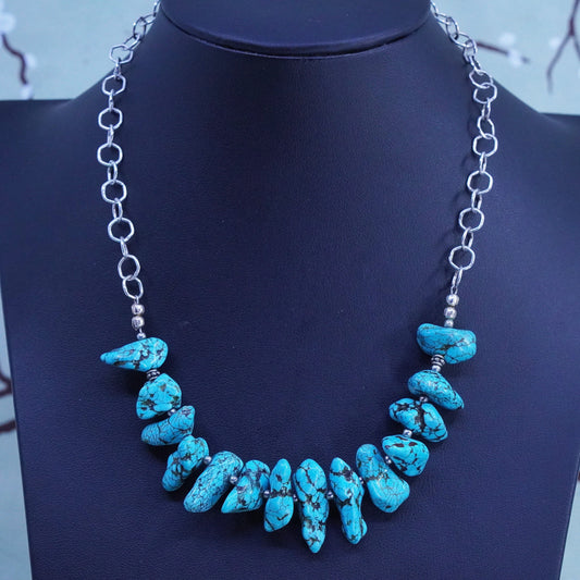 16”, Vintage sterling silver 925 necklace with nugget spiderwebbed turquoise