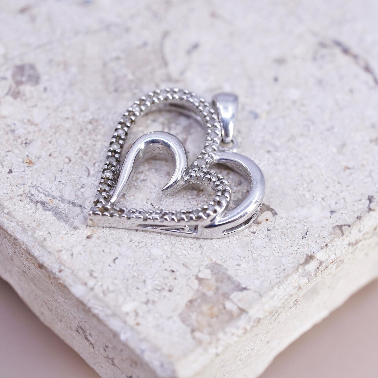 Vintage SUN Sterling 925 silver double heart pendant with cluster diamond
