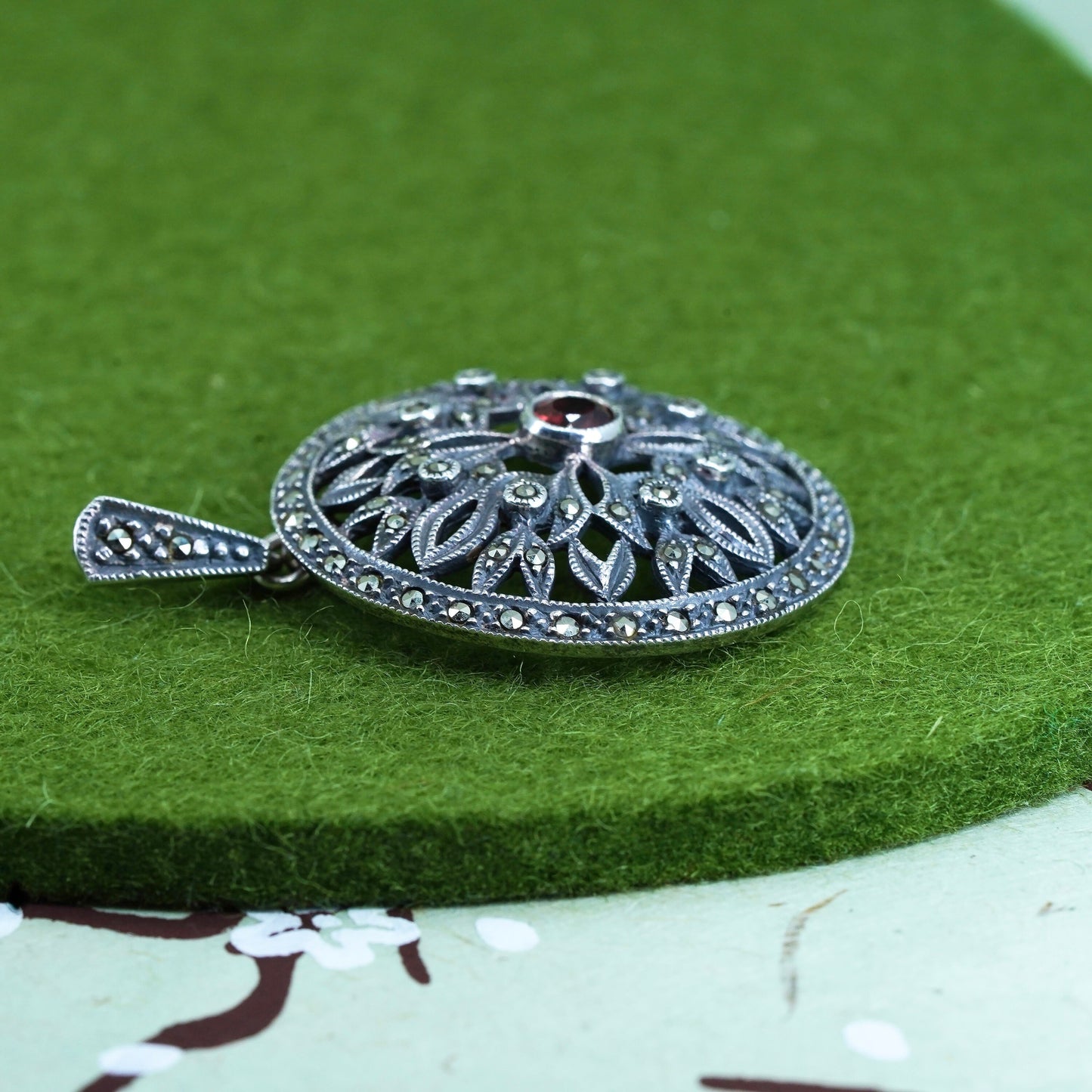 Judith Jack sterling 925 silver handmade filigree pendant with ruby marcasite
