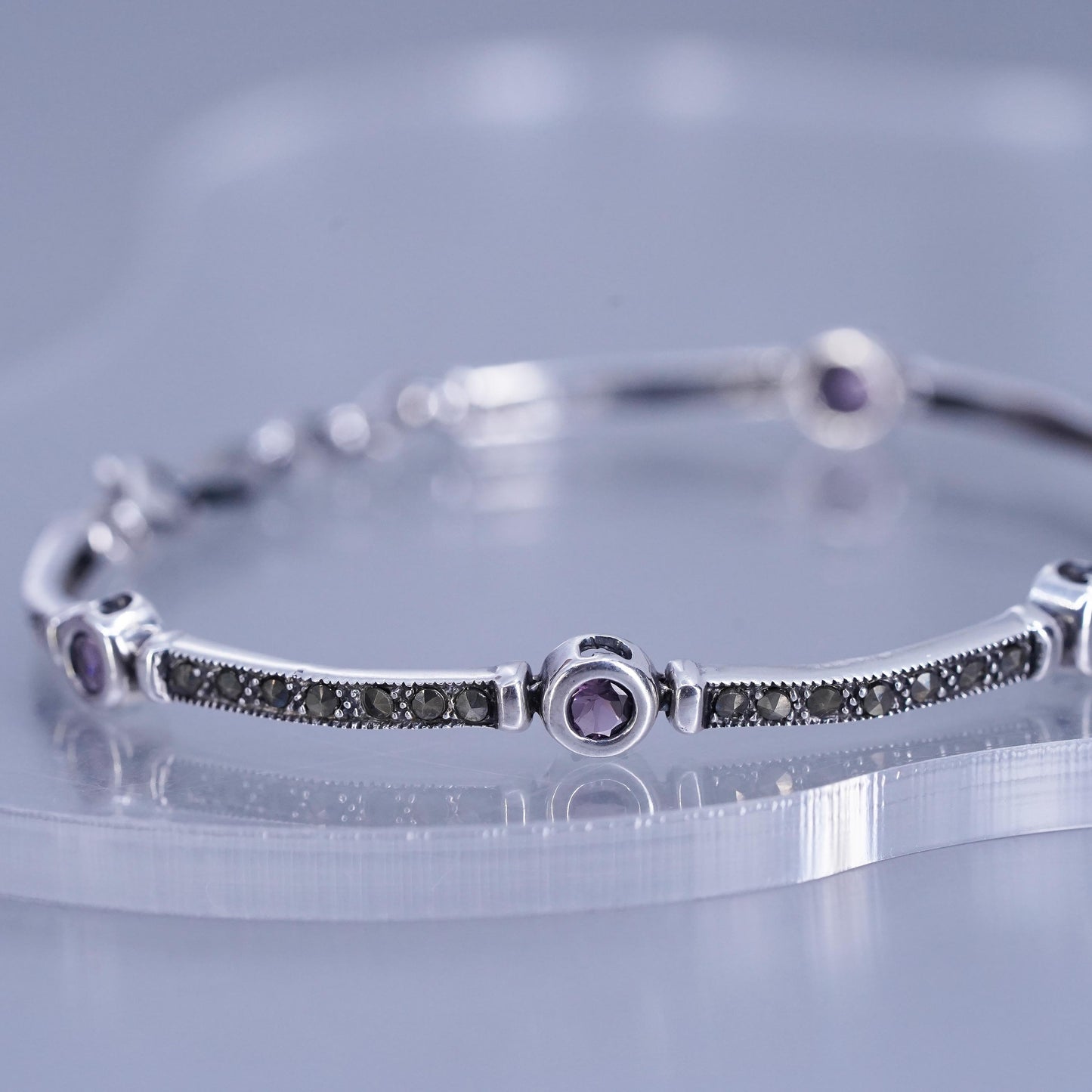 7.5”, Sterling 925 silver handmade bracelet, marcasite amethyst tennis chain