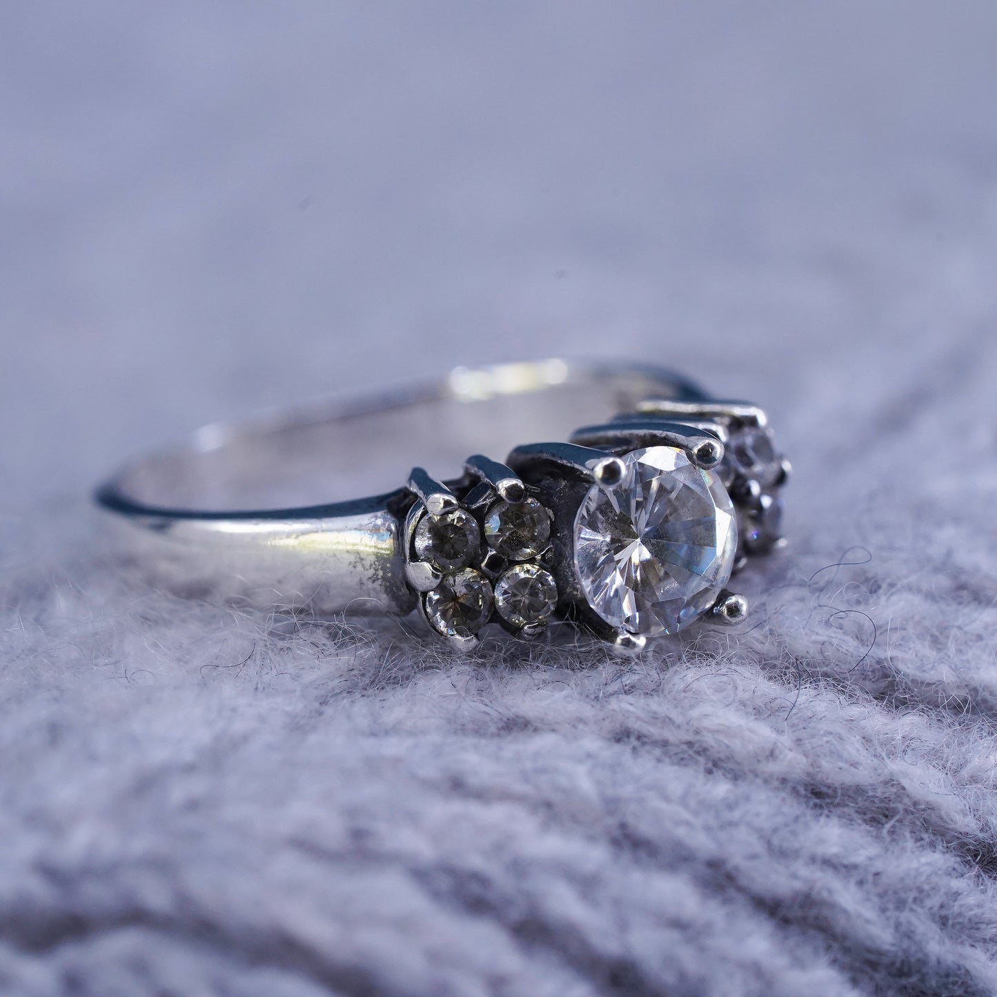 Size 10, vintage Sterling 925 silver engagement ring with cluster Cz around