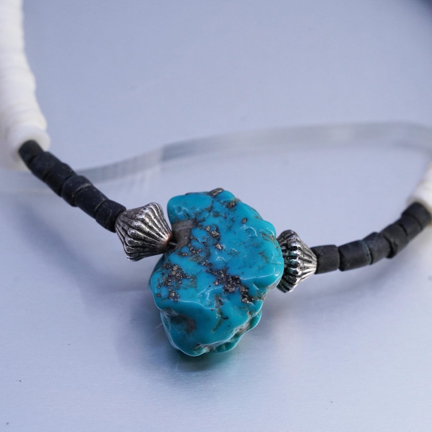 18", VTG Sterling 925 silver handmade heishi necklace turquoise nugget pendant