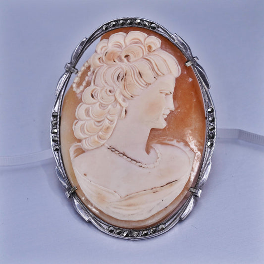 Vintage Sterling 925 silver handmade brooch pendant w/ agate carved cameo girl