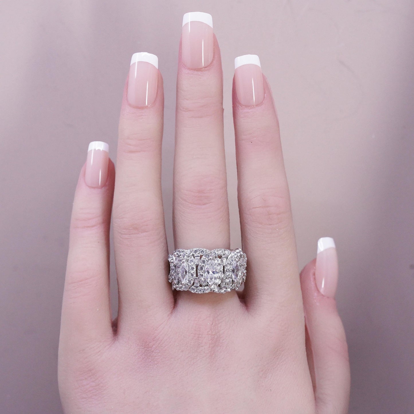 Size 8, Vintage 925 Sterling Silver CZ Marquise Cluster Ring Sparkling Cocktail