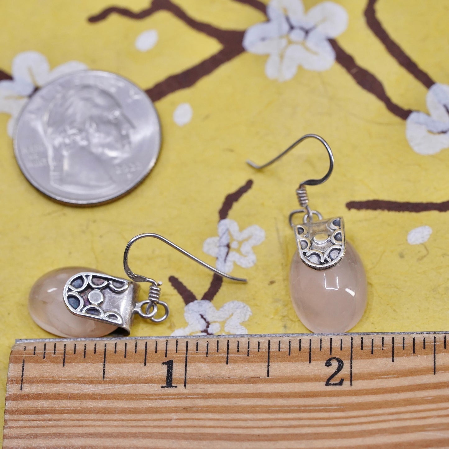 Vintage Sterling 925 silver handmade earrings with pink rose quartz