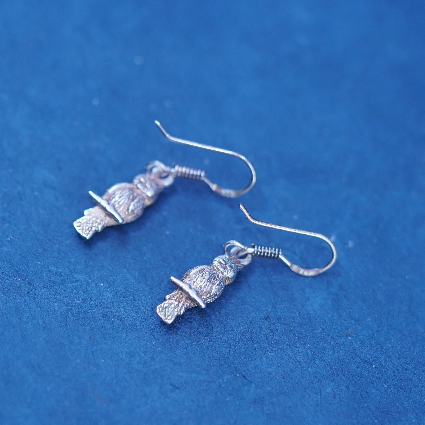 Vintage sterling silver handmade earrings, 925 owl bird dangles