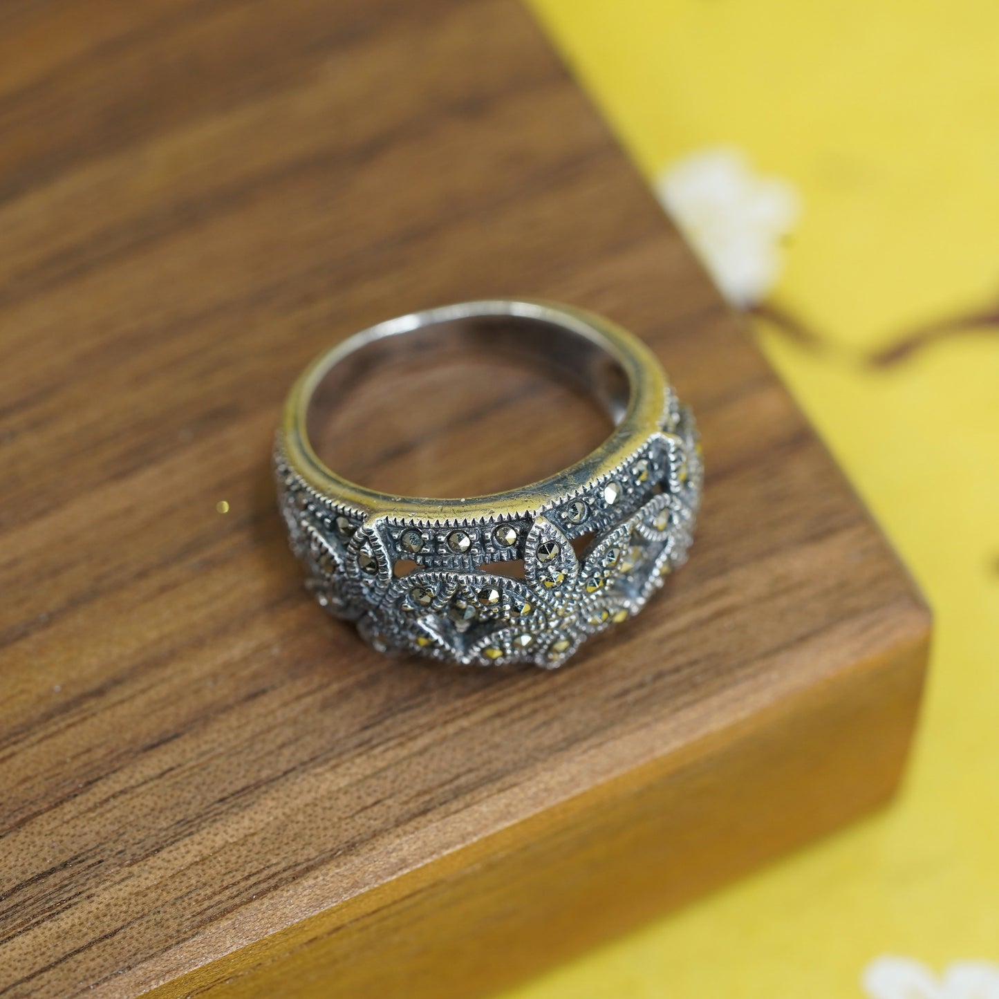 Size 7, Judith Jack Sterling silver flower ring w/ marcasite details, 925 band