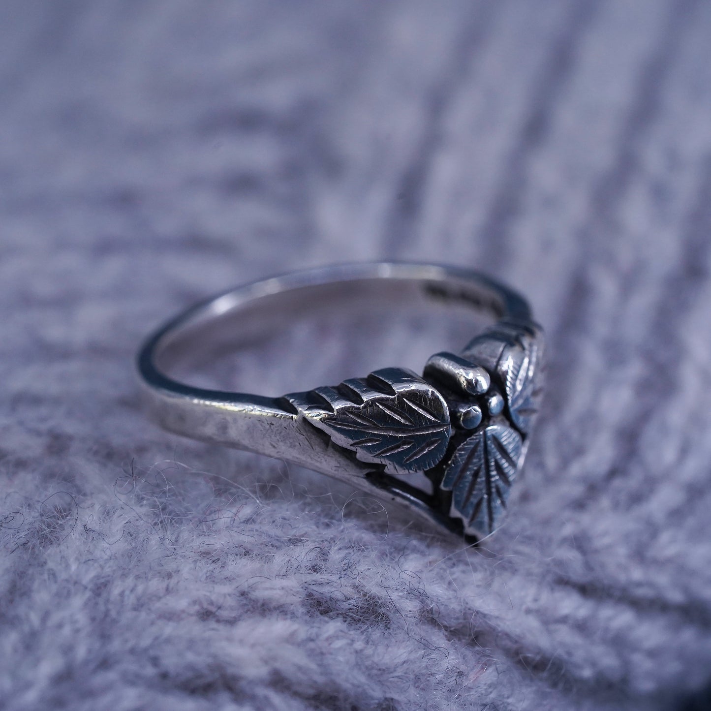 Size 8, wheeler Sterling silver handmade ring, 925 band with rose flower carved