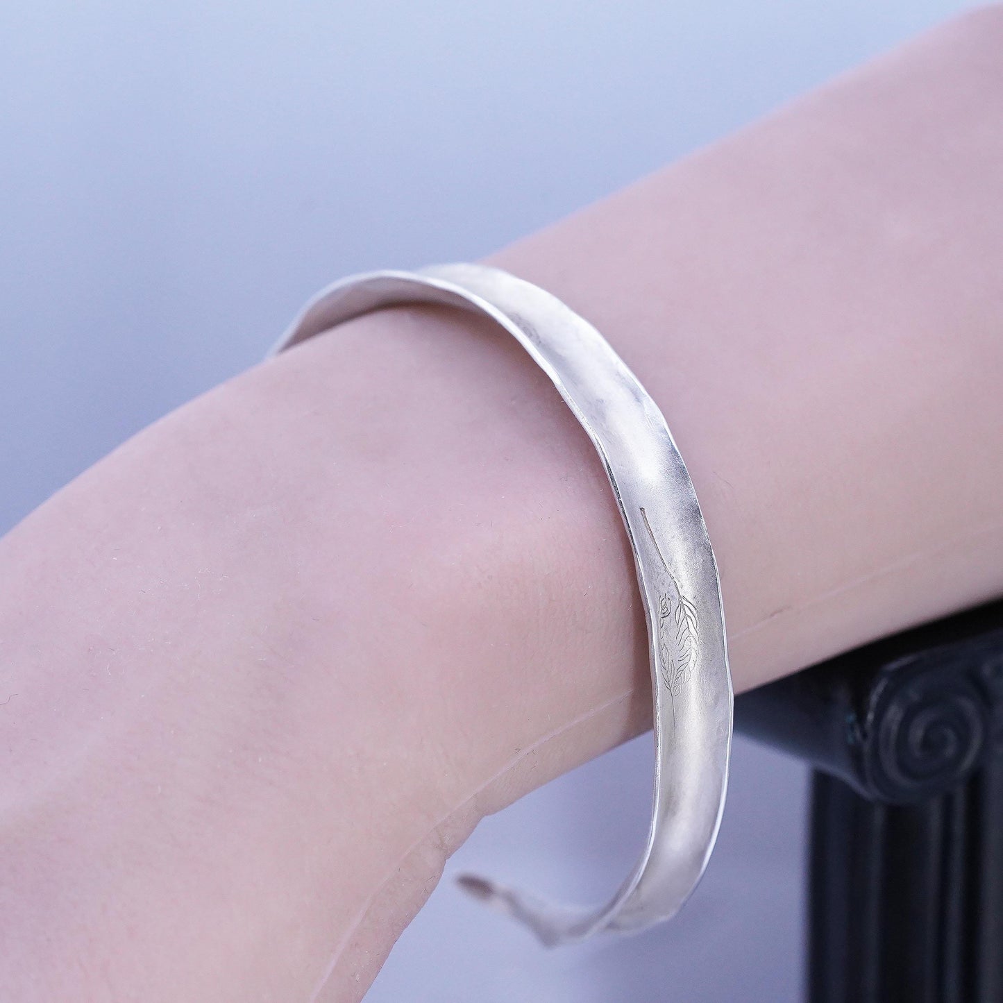 7.5", Vintage Sterling Silver Leaf Engraved Cuff Bracelet Matte 925 Open Bangle