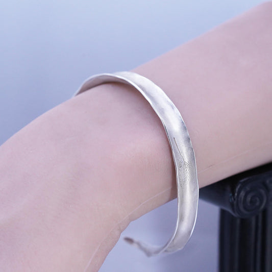 7.5", Vintage Sterling Silver Leaf Engraved Cuff Bracelet Matte 925 Open Bangle