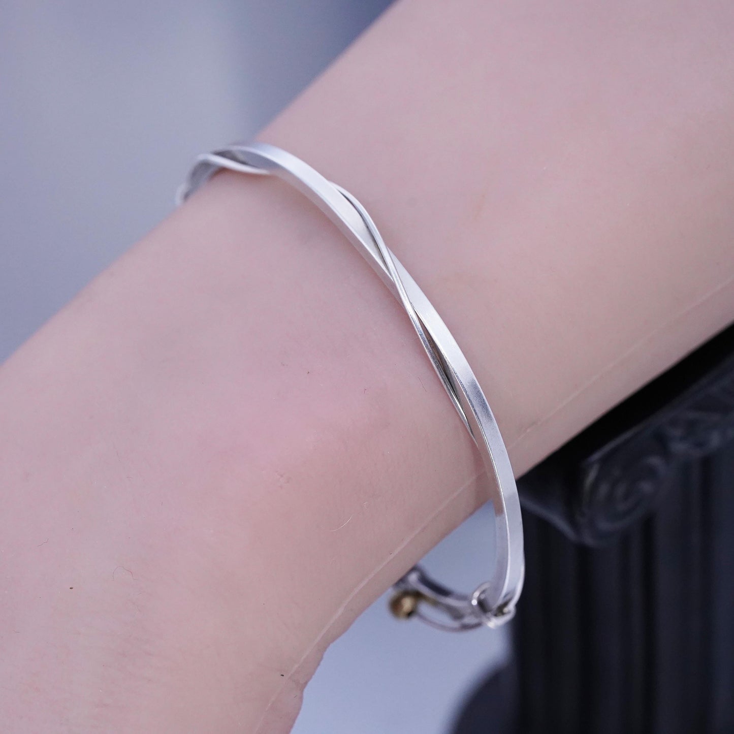 6.5”, Vintage two tone Sterling 925 silver bracelet, twisted cuff brass beads