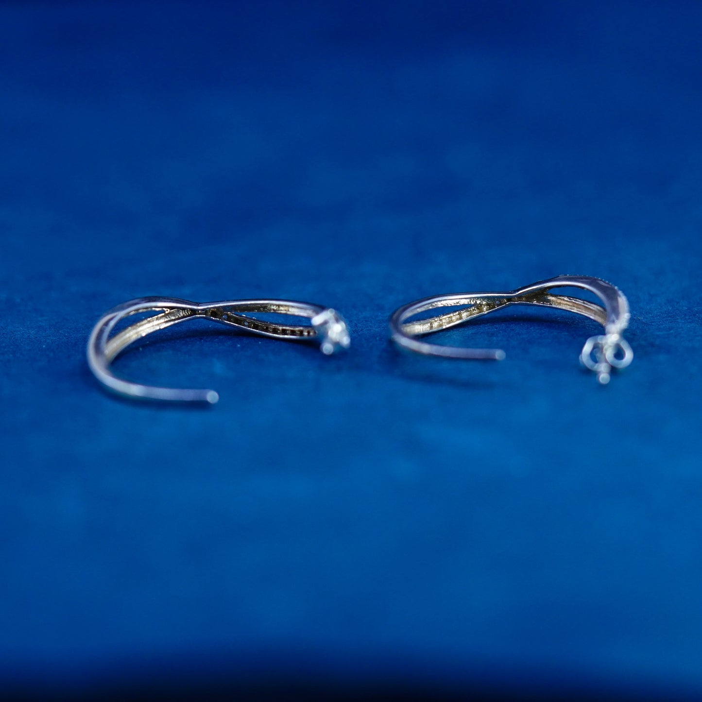 1”, Vintage Sterling 925 silver earrings, hoops, huggie w/ diamond