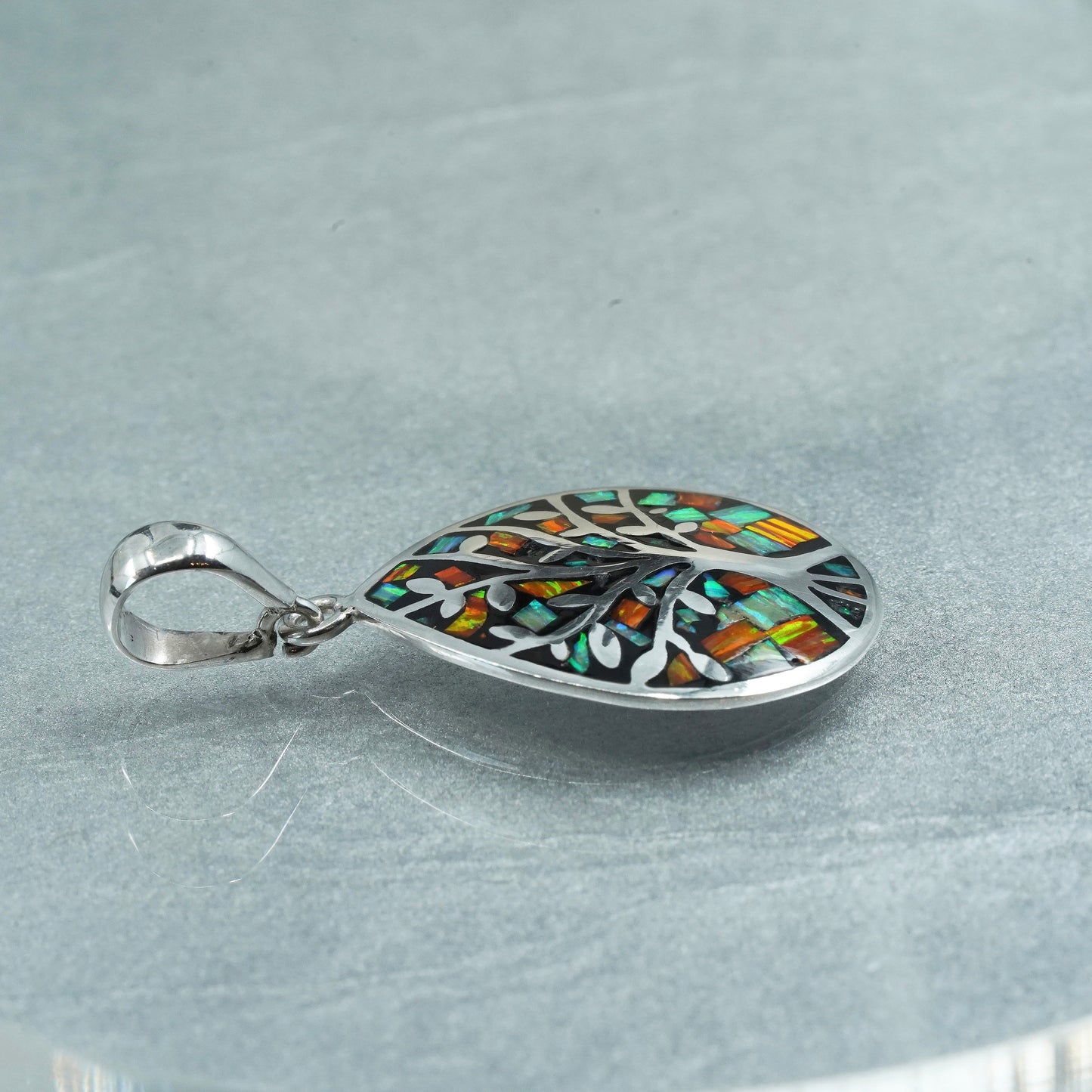 vintage southwestern sterling 925 silver family tree pendant with opal inlay