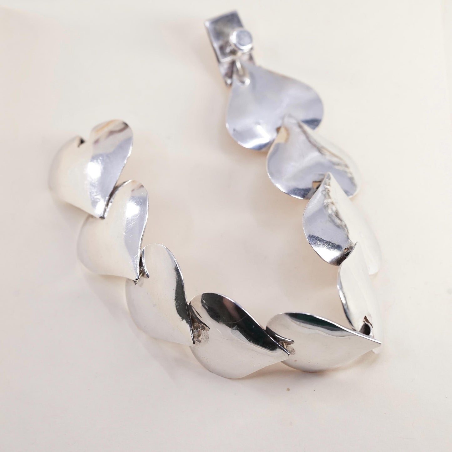 6.5", Vintage Mexican sterling 925 silver handmade heart disc charm bracelet