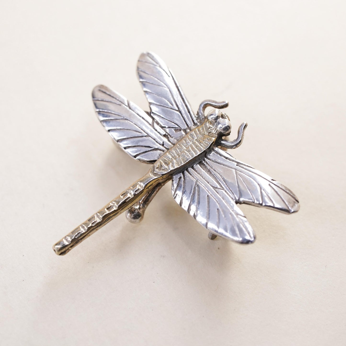 Vintage COURTNEY two tone Sterling silver handmade brooch, 925 dragonfly pin