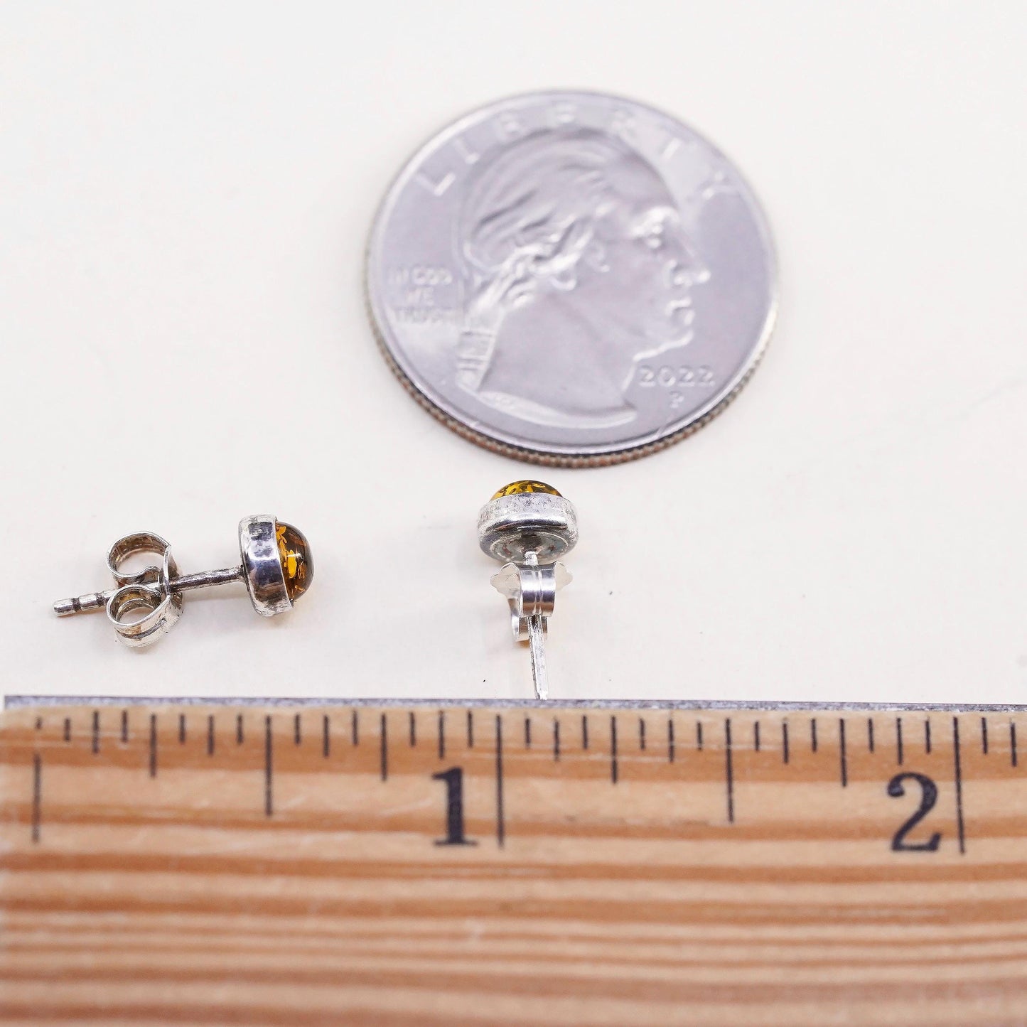 Vintage Sterling 925 silver handmade earrings round Amber studs, southwestern