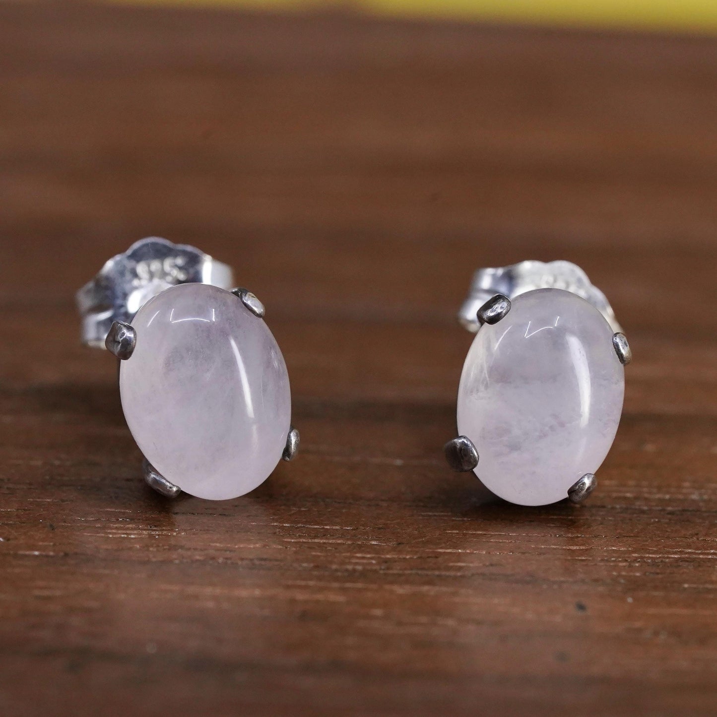 Vintage Sterling silver handmade earrings, 925 oval studs with pink quartz