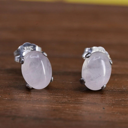 Vintage Sterling silver handmade earrings, 925 oval studs with pink quartz