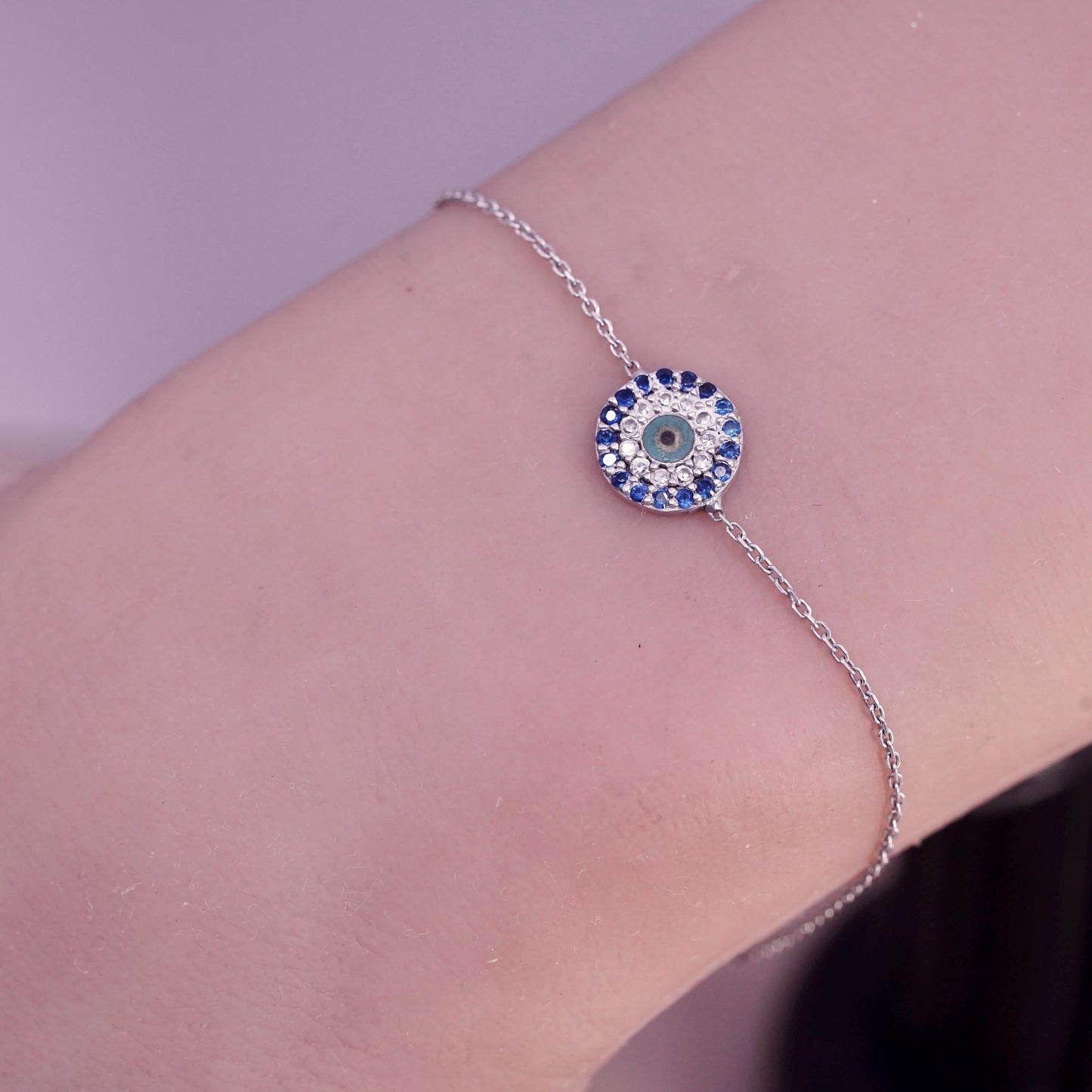 7.25”, Vintage handmade sterling silver bracelet, cluster cz evil eye charm