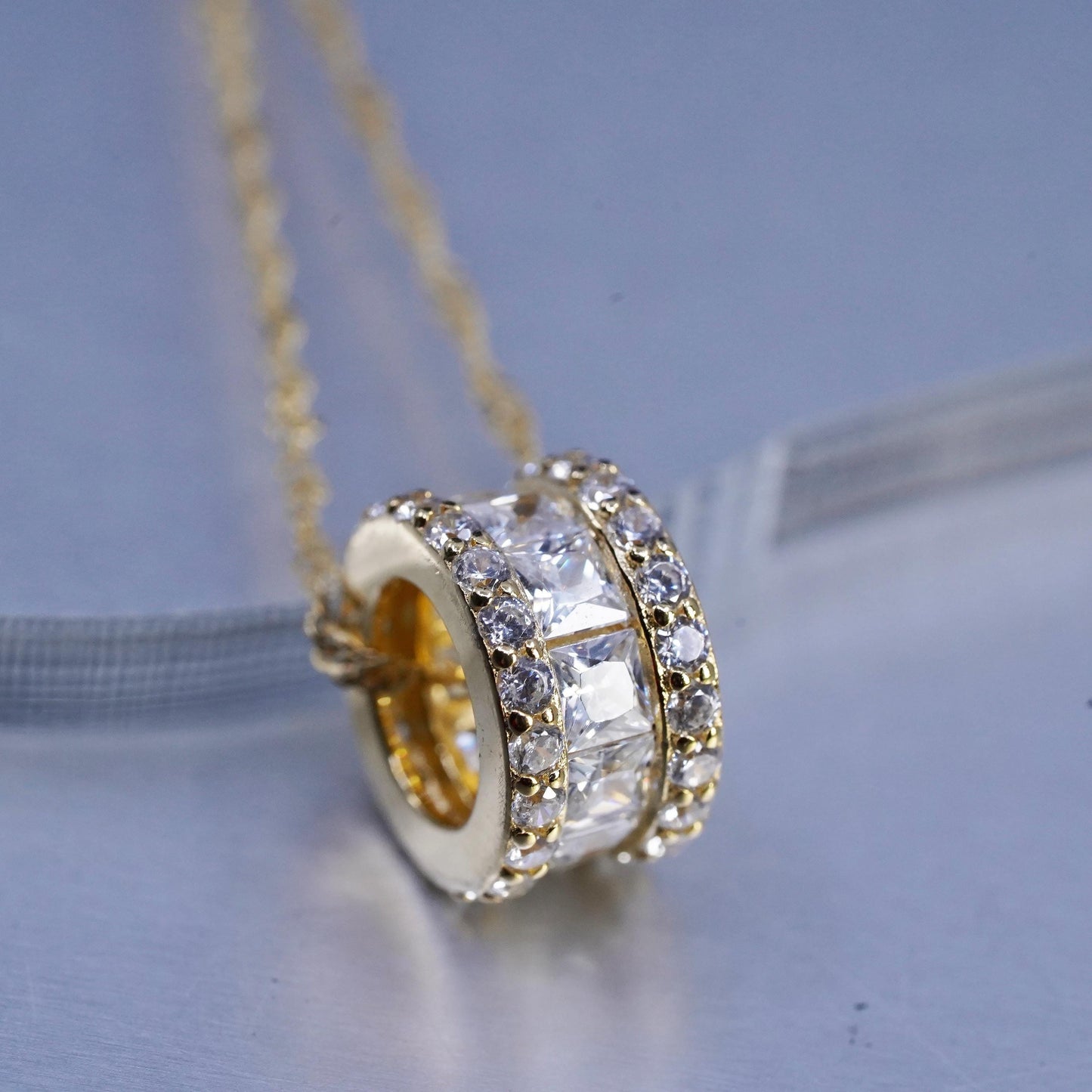17+2" vermeil gold Sterling 925 silver twisted curb necklace cluster cz pendant