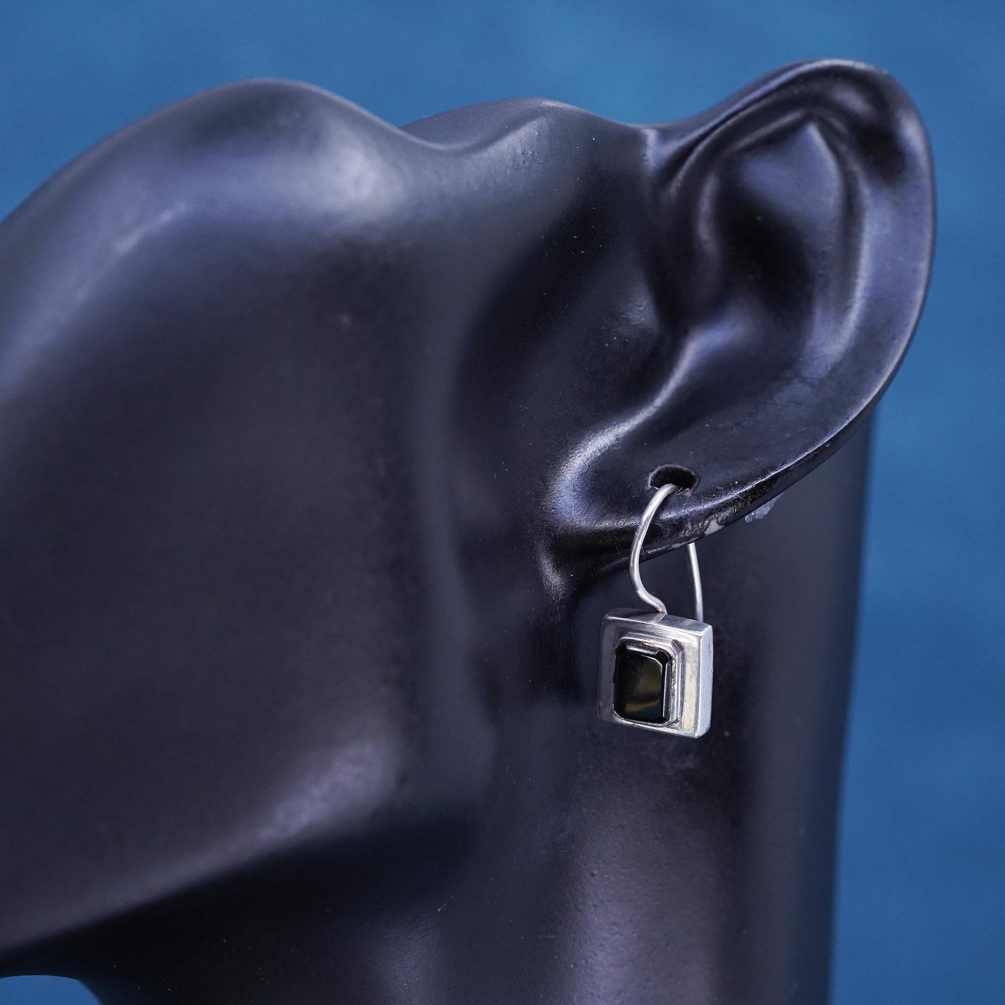 Vintage Sterling Silver 925 handmade earrings with square Black Onyx