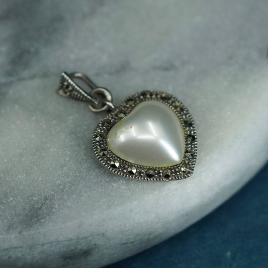 Vintage sterling 925 silver handmade heart pendant with faux pearl marcasite