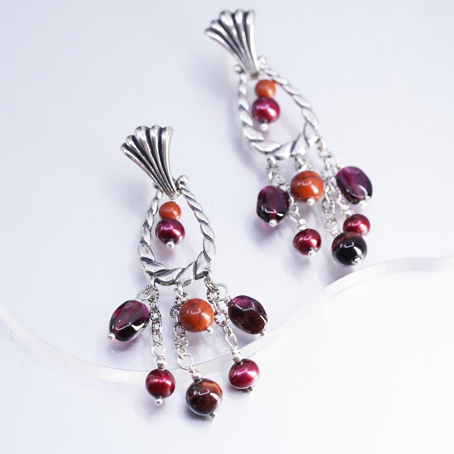 Carolyn Pollack 925 Sterling Silver Garnet Chandelier Earrings, Pearl Dangles
