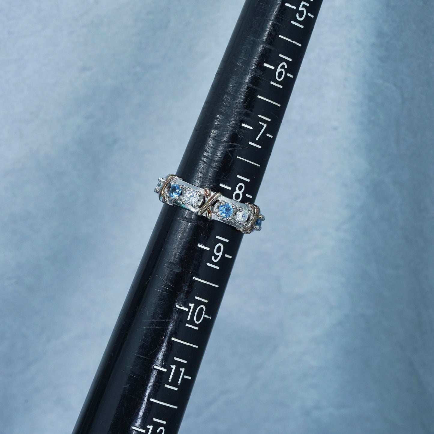 Size 8, vintage two tone Sterling 925 silver ring, blue topaz and Cz band