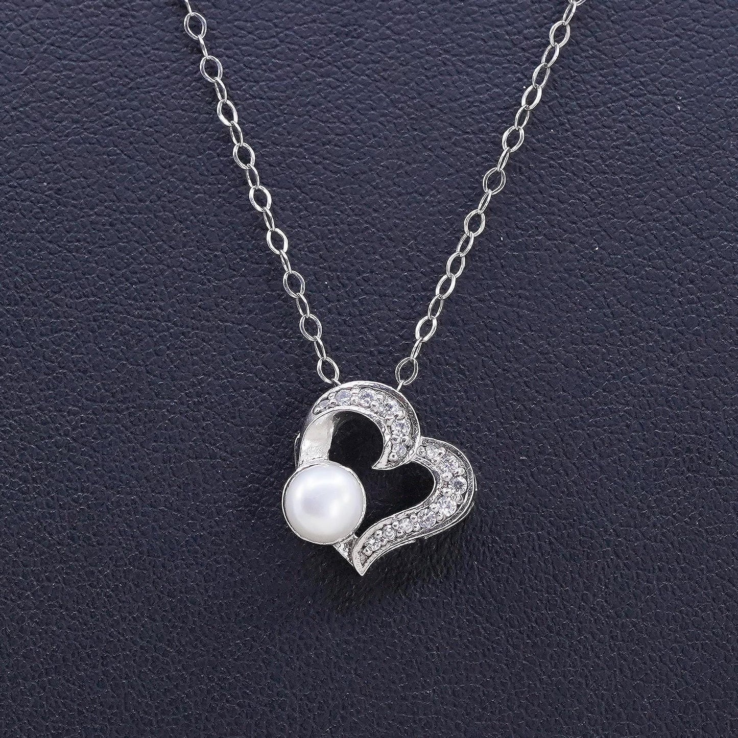 16+2", Vintage handmade Sterling silver flatten Circle link chain heart pearl