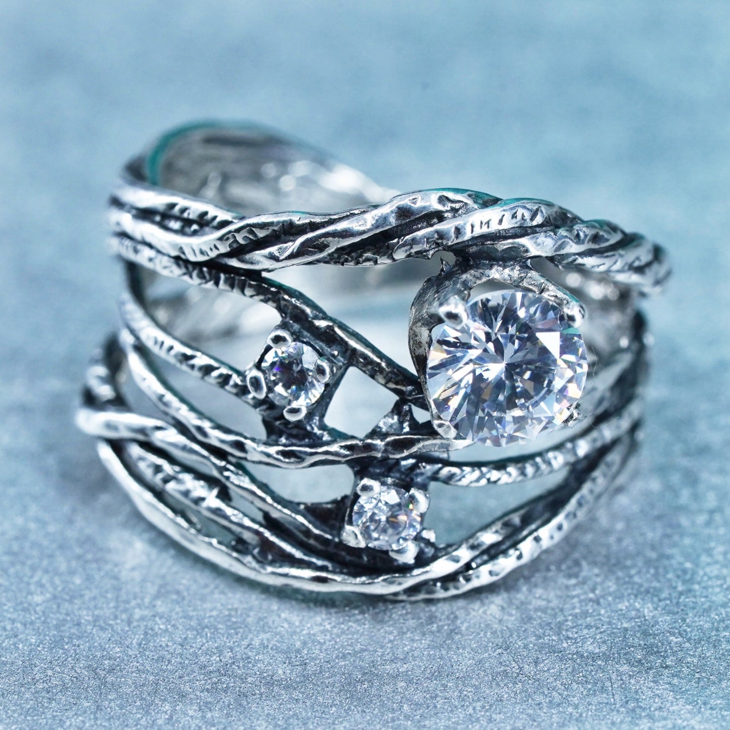 Size 7.5, Shablool Didae sterling silver ring, handmade woven 925 band with cz