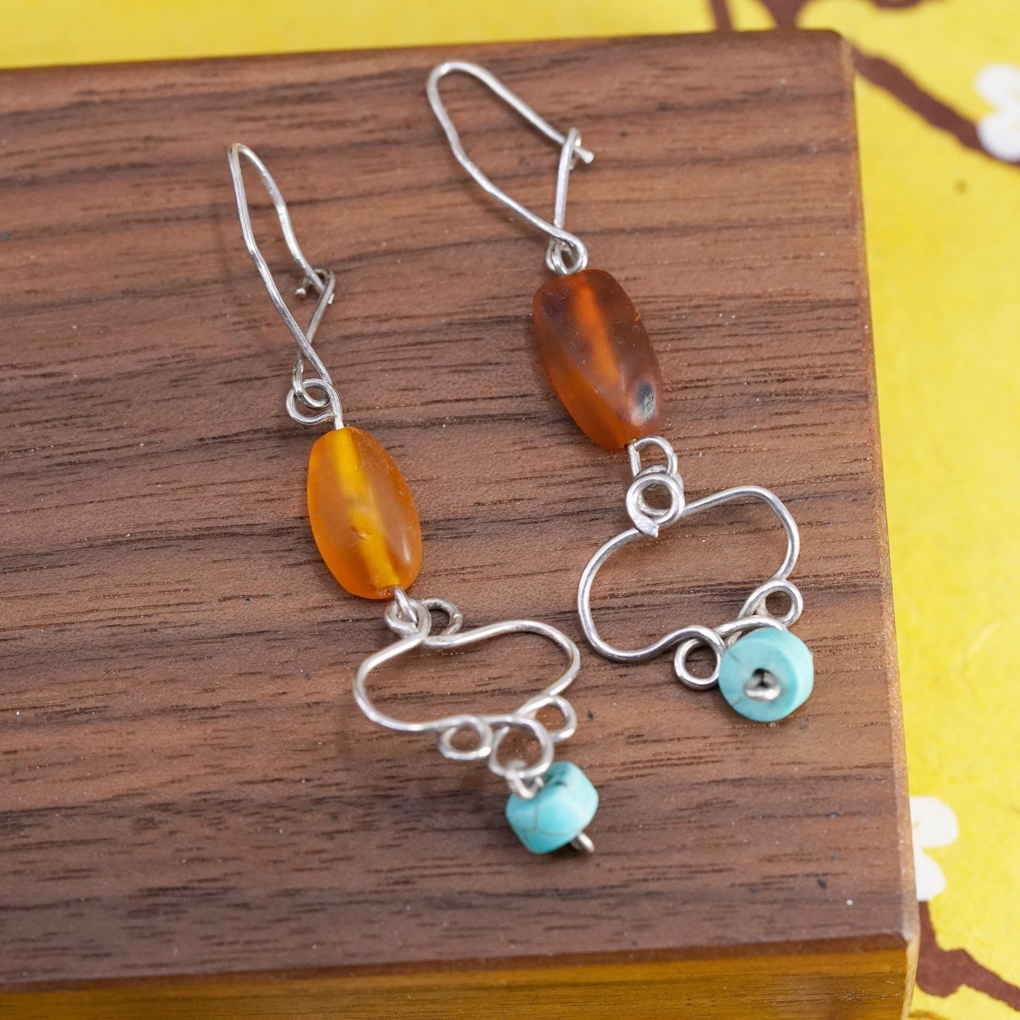 Vintage Sterling 925 silver handmade earrings with Amber nugget and turquoise