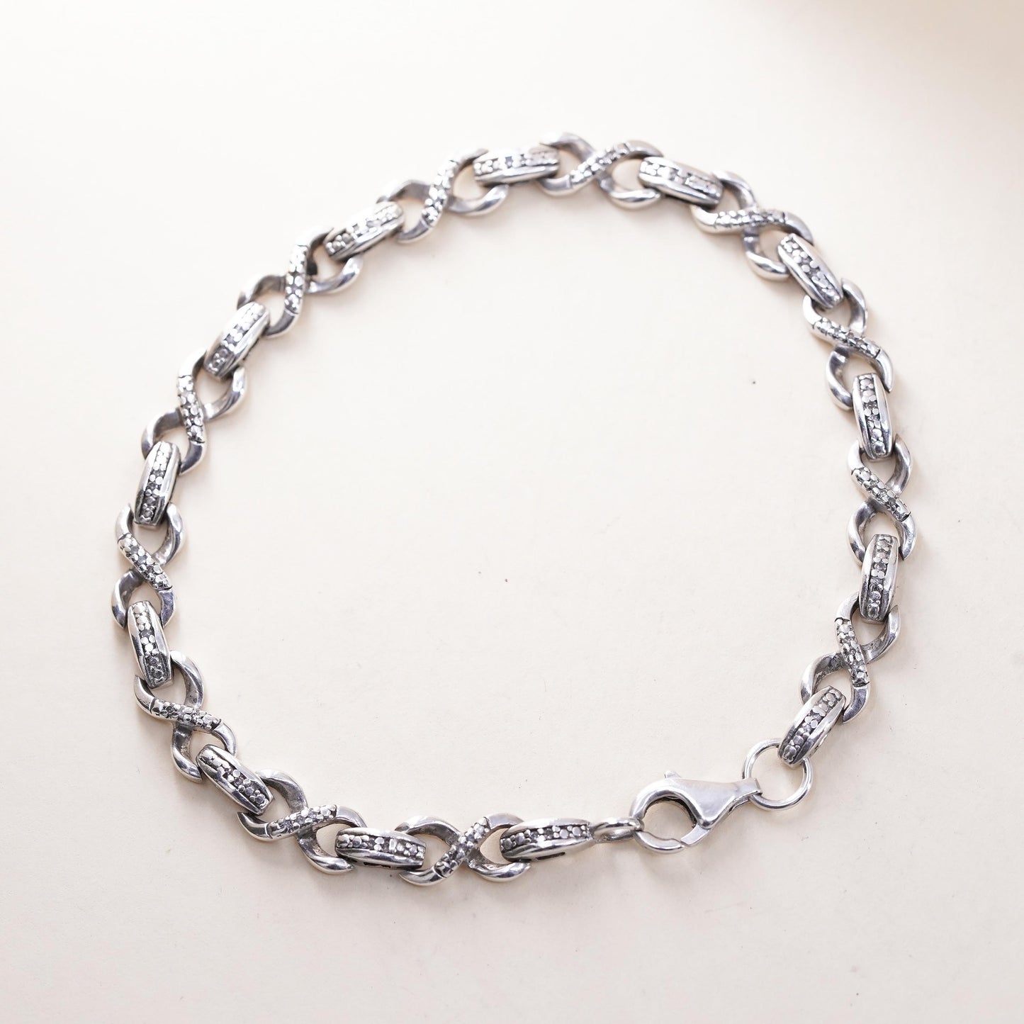 7.5", sterling silver tennis bracelet, 925 infinity loop shaped chain diamond