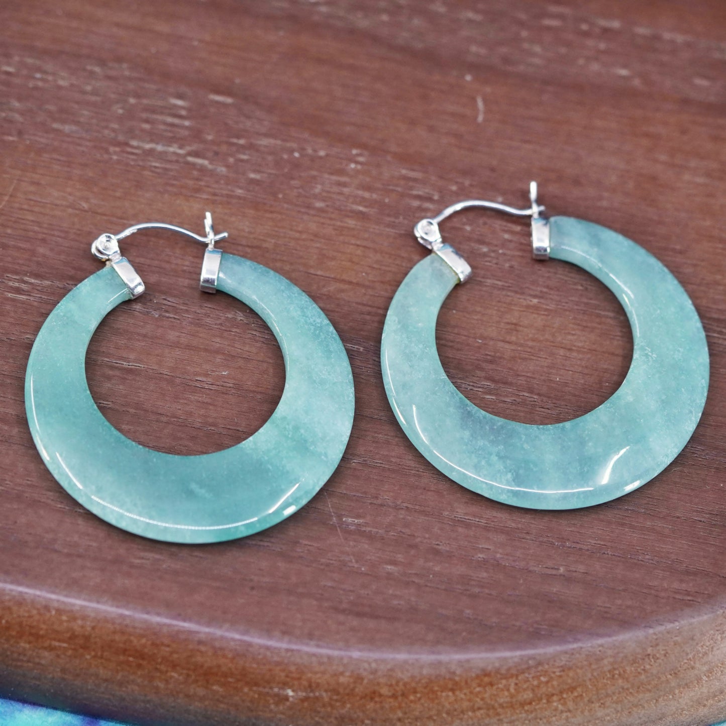 Vintage Sterling 925 silver handmade hoop earrings with jade