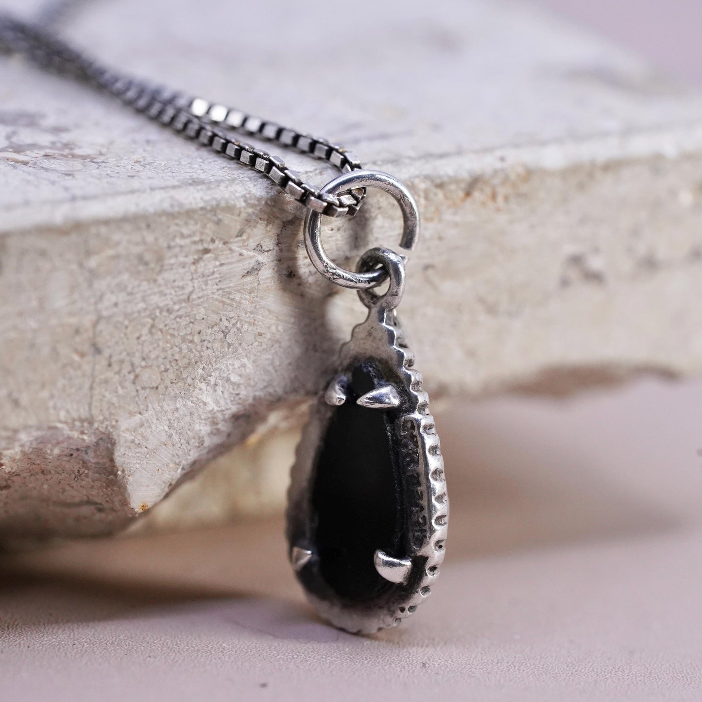 20" 1mm, vintage Sterling silver handmade necklace, 925 box link chain with teardrop onyx pendant, stamped 925