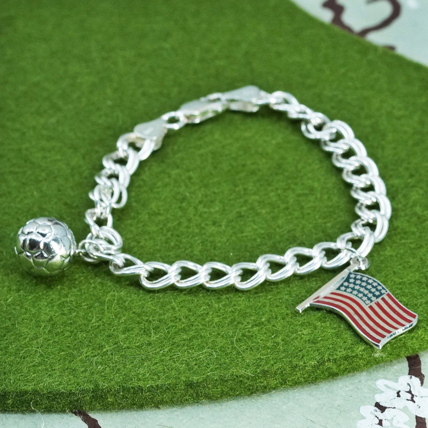 6.5”, sterling silver bracelet, 925 curb chain Soccer American flag charms