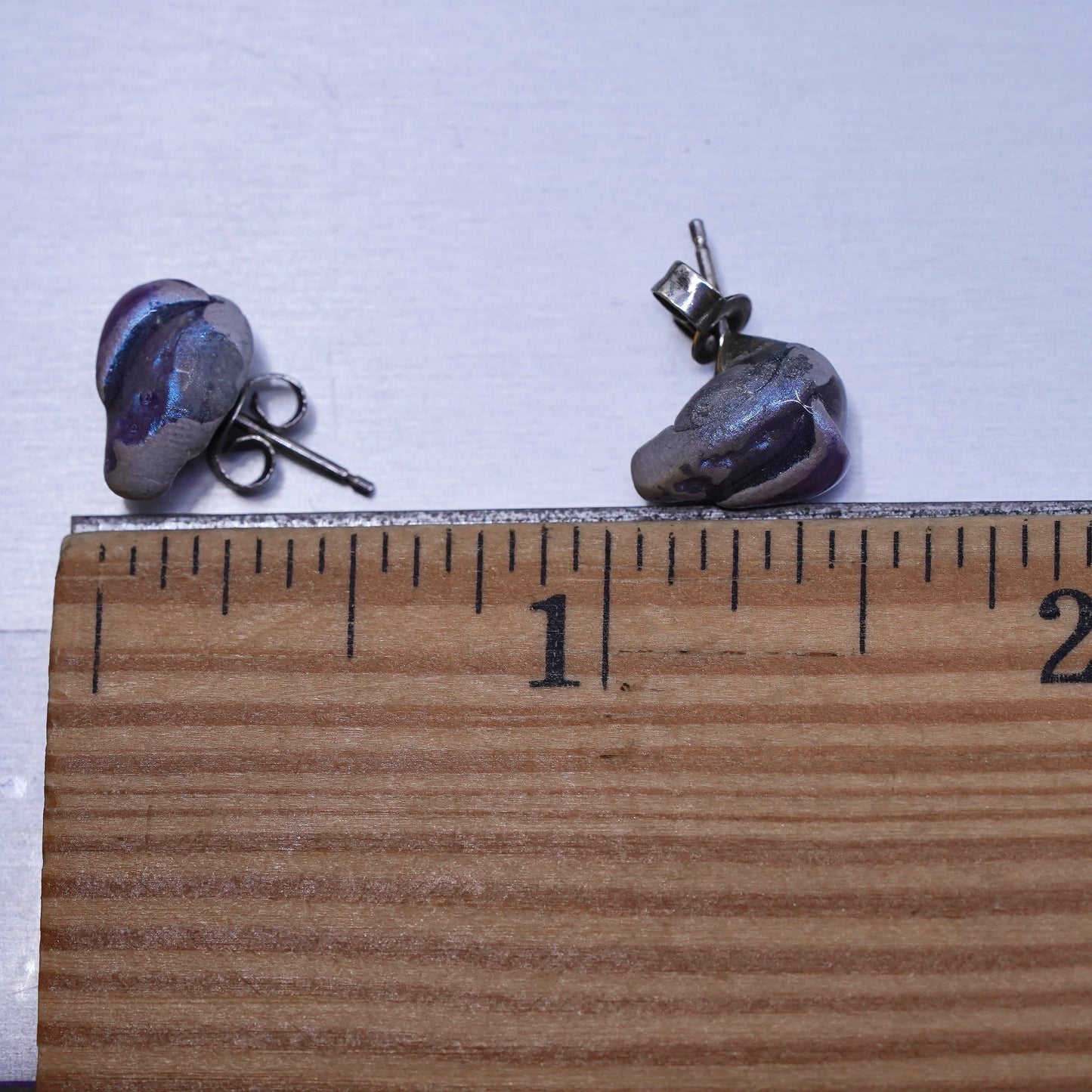 Vintage Sterling silver earrings, 925 studs with glittering resin purple nugget