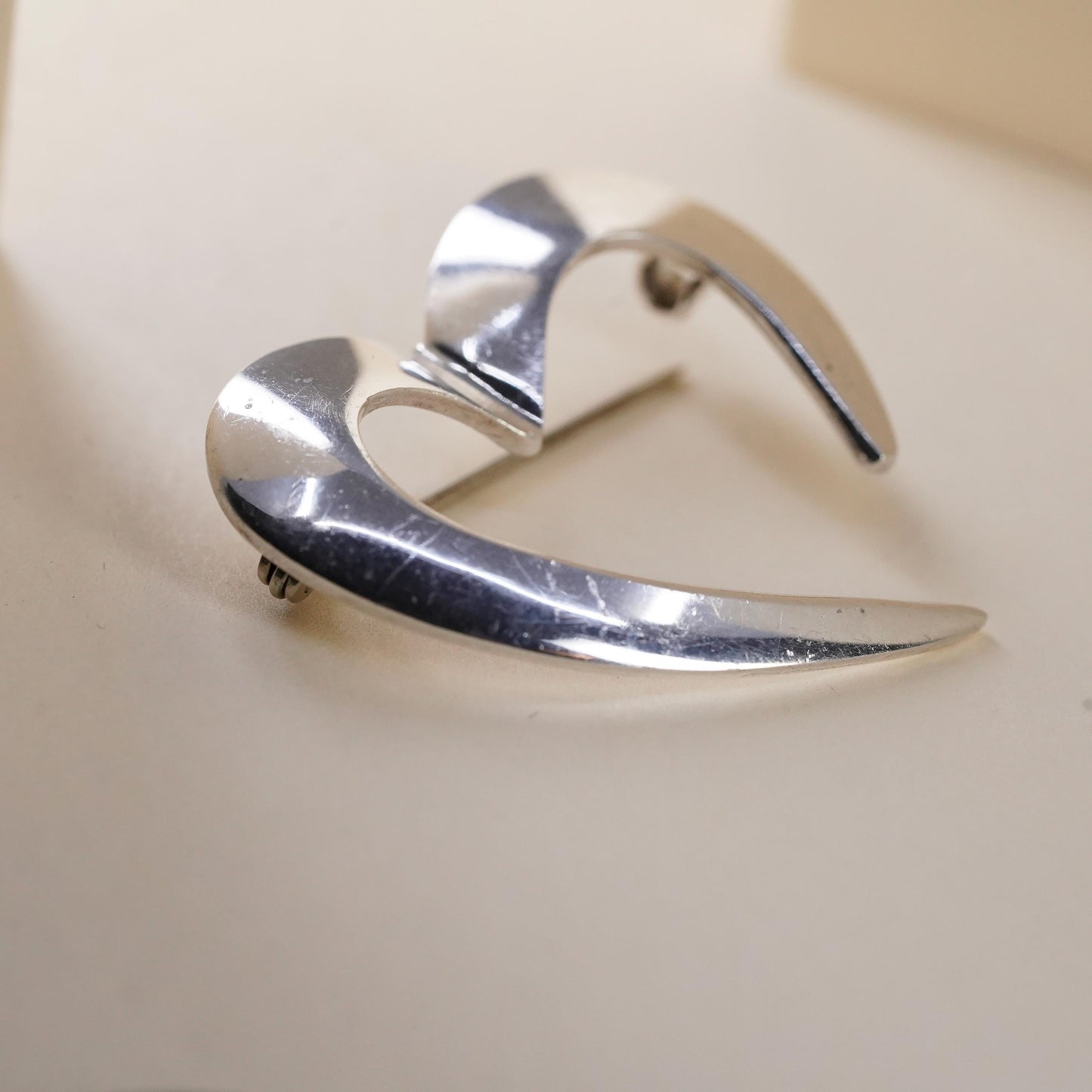 Vintage sterling silver handmade brooch, 925 open heart