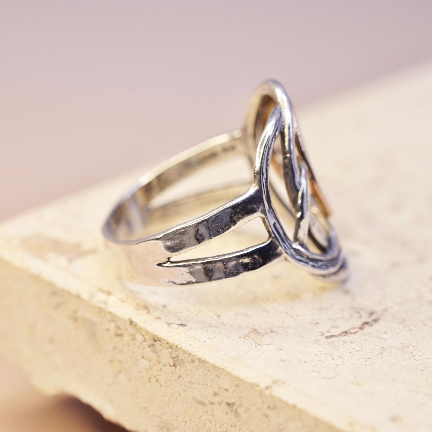 Size 9.25, vintage Israel PZ two tone Sterling silver handmade entwined ring