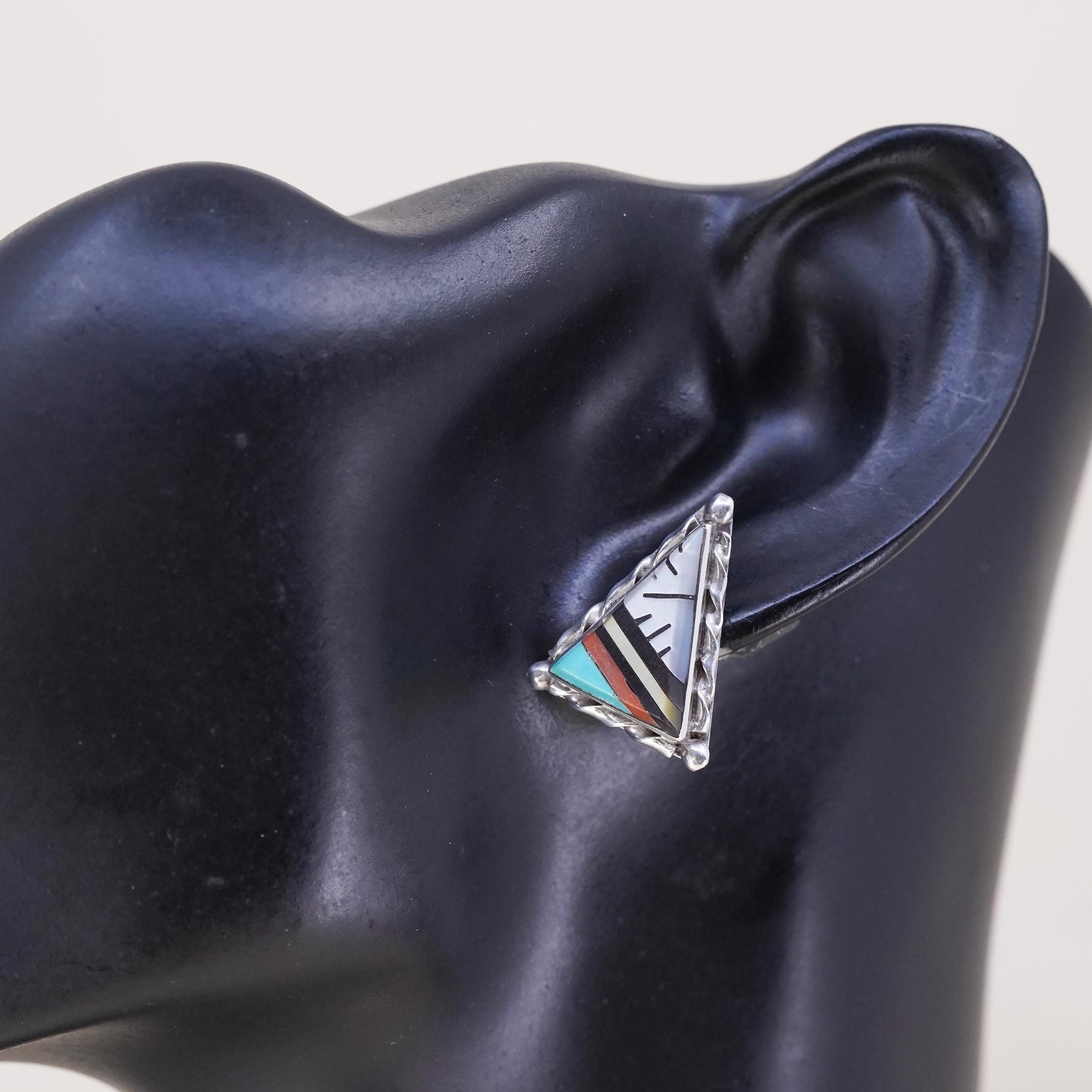 Native American Zuni single earring. Sterling 925 silver stud turquoise