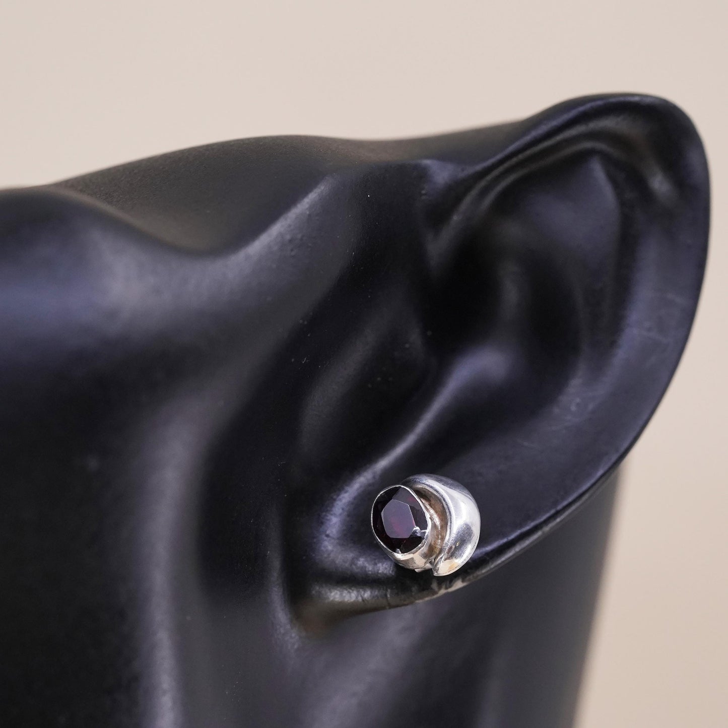 Vintage handmade single earring. Sterling 925 silver stud with garnet