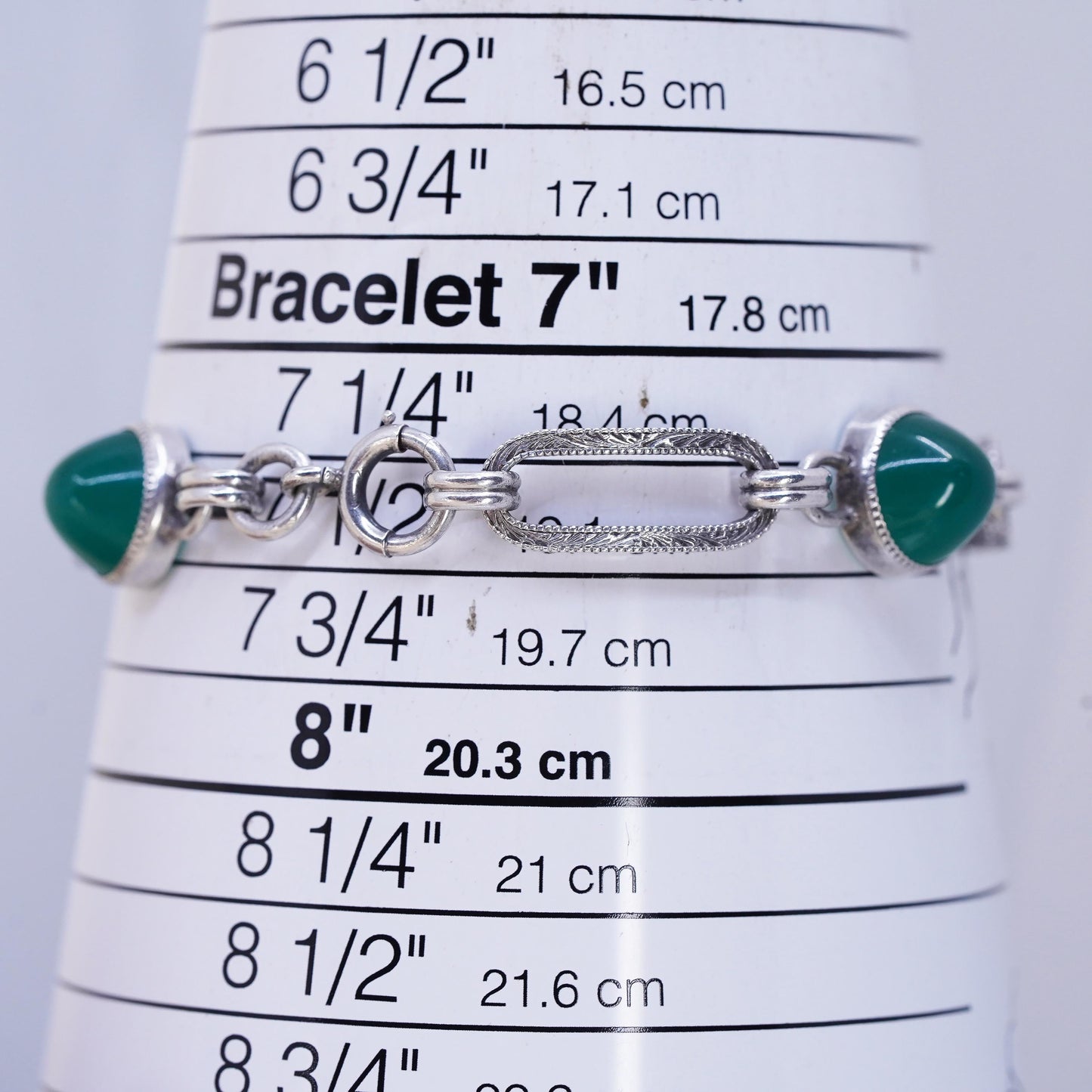 7.5”, vintage sterling 925 silver handmade textured long oval bracelet jade
