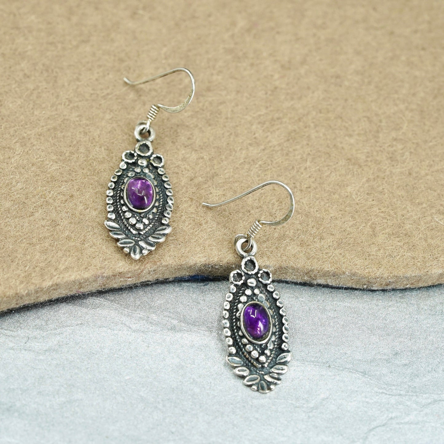 Vintage jewelry | Sterling 925 silver handmade leafy earrings with amethyst