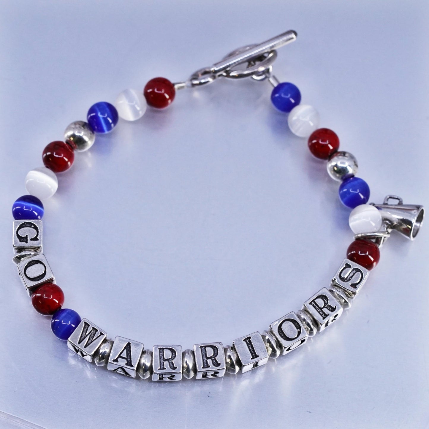 7", Sterling 925 silver bracelet cube letter "Go Warrior", cat eye beads charm